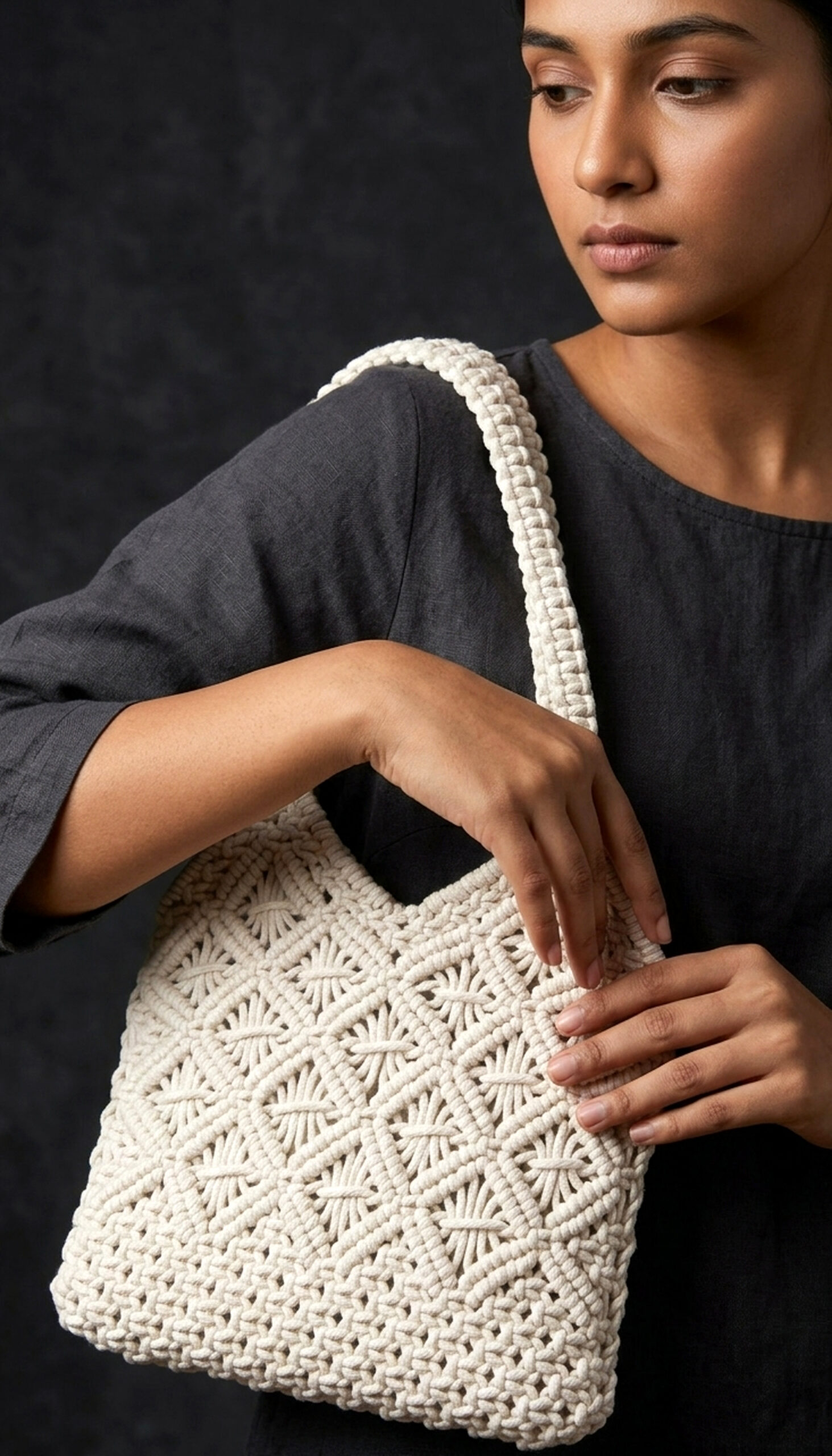 Ambar Sukoon Artisan Handwoven Diamond-Pattern Macramé Handbag.